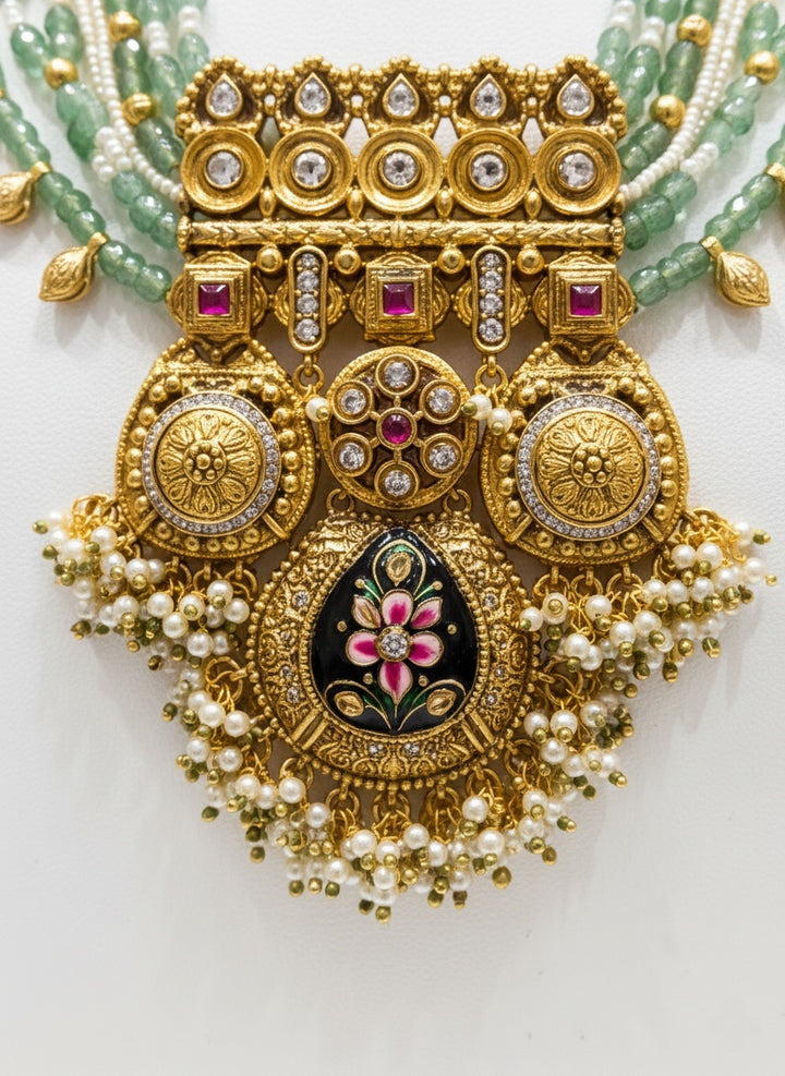 Heritage Temple Kundan Necklace Set with Green Beads & Meenakari Pendant