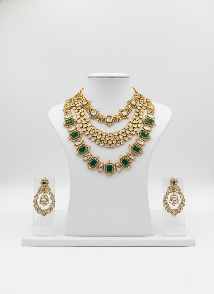Grand Emerald Green & Kundan Layered Bridal Necklace Set with Matching Earrings