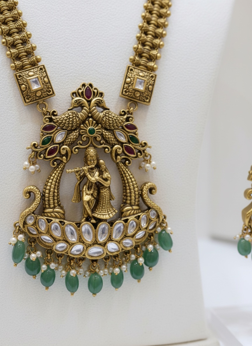 Antique Gold Necklace Set with Radha-Krishna Motif and Emerald Drops