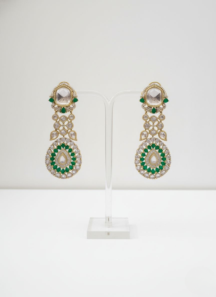 Royal Emerald Green & White Kundan Layered Bridal Necklace Set with Statement Earrings