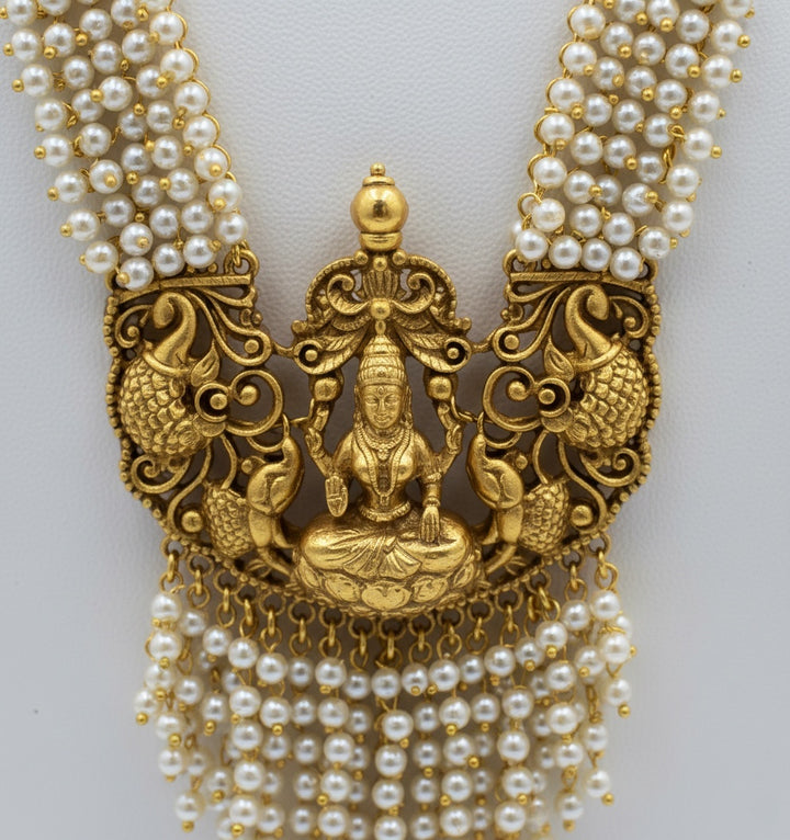 Temple Jewelry Set with Pearl Strands and Lakshmi Pendant