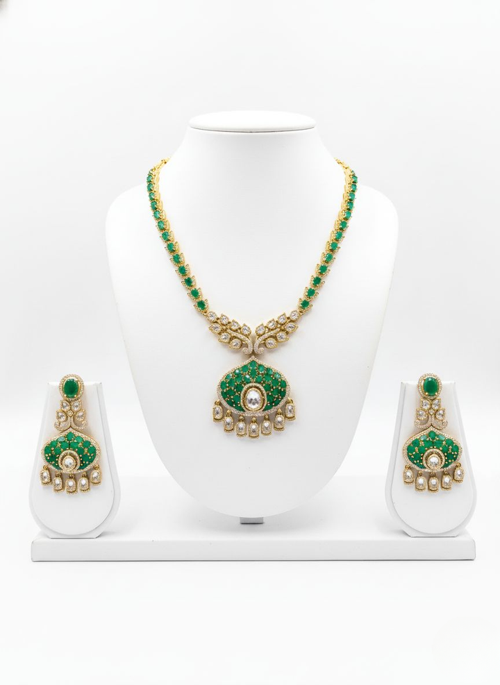 Emerald Green Kundan Pendant Necklace Set with Matching Earrings