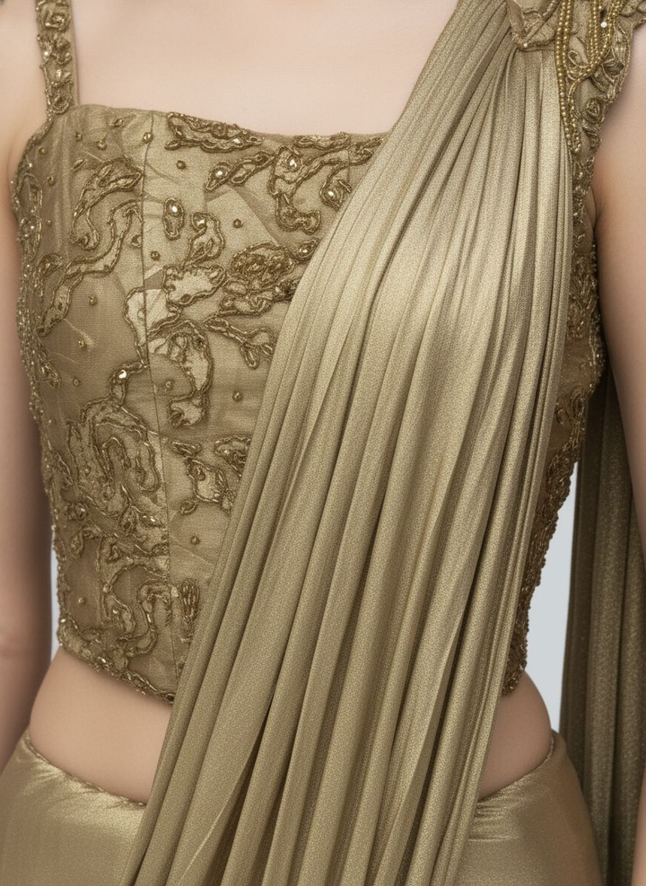 Ready to Wear Champagne Gold Drape Saree with Embroidered One-Shoulder Blouse