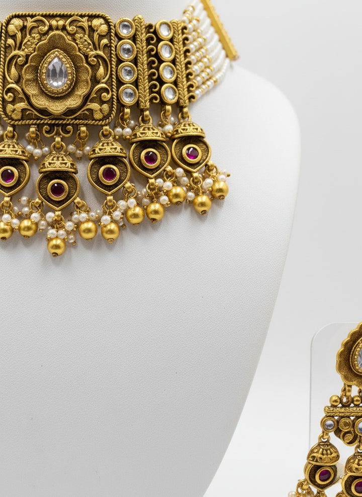 Royal Antique Gold Temple Choker Set with Pearls & Ruby Detailing