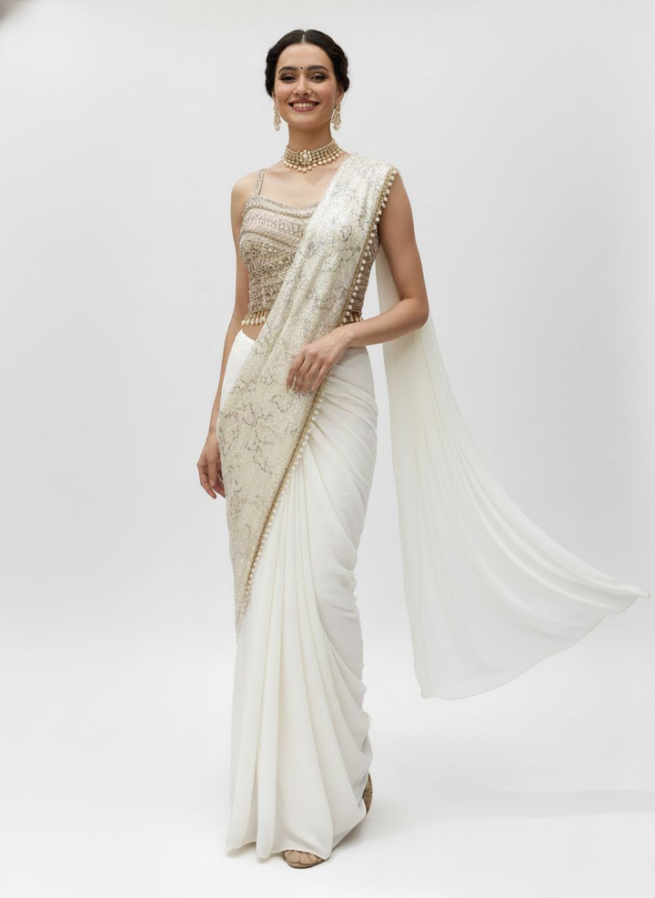 Ivory White Sequin Embellished Designer Ready to Wear Saree with Heavy Handwork Blouse