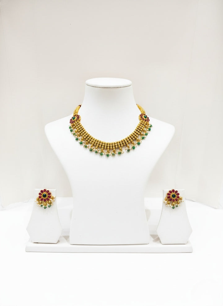 Traditional Gold-Tone Necklace Set with Ruby & Emerald Beads