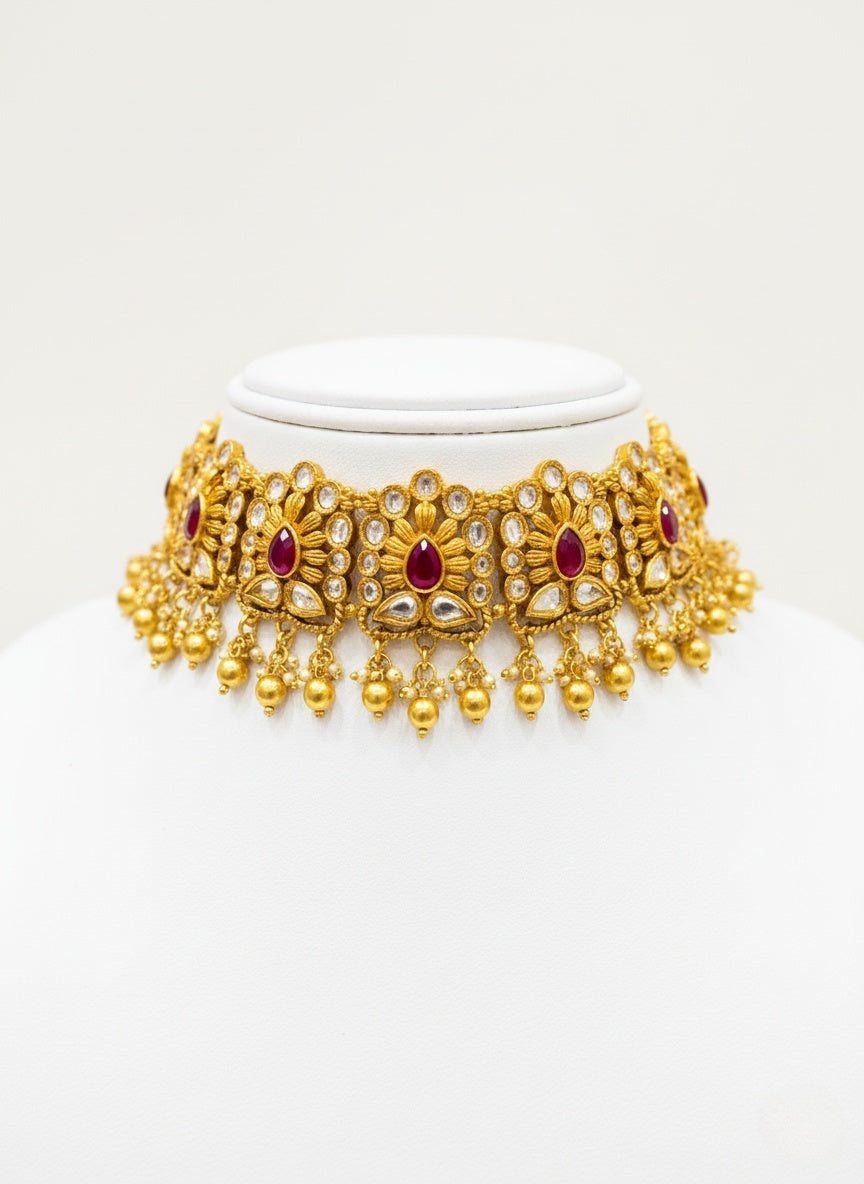 Royal Ruby Kundan Choker Necklace Set with Pearl Drops