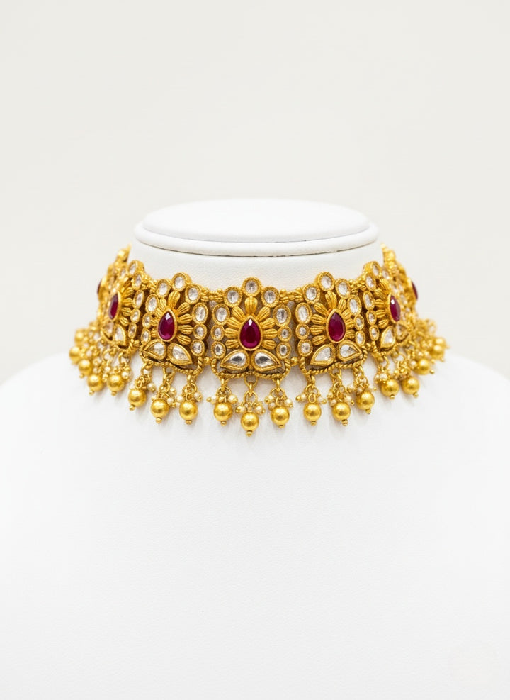 Royal Ruby Kundan Choker Necklace Set with Pearl Drops
