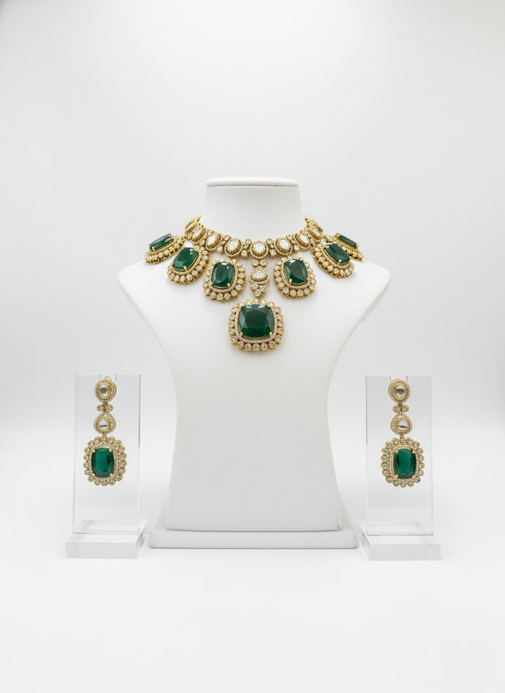 Emerald Green & Gold Royal Kundan Necklace Set with Statement Earrings