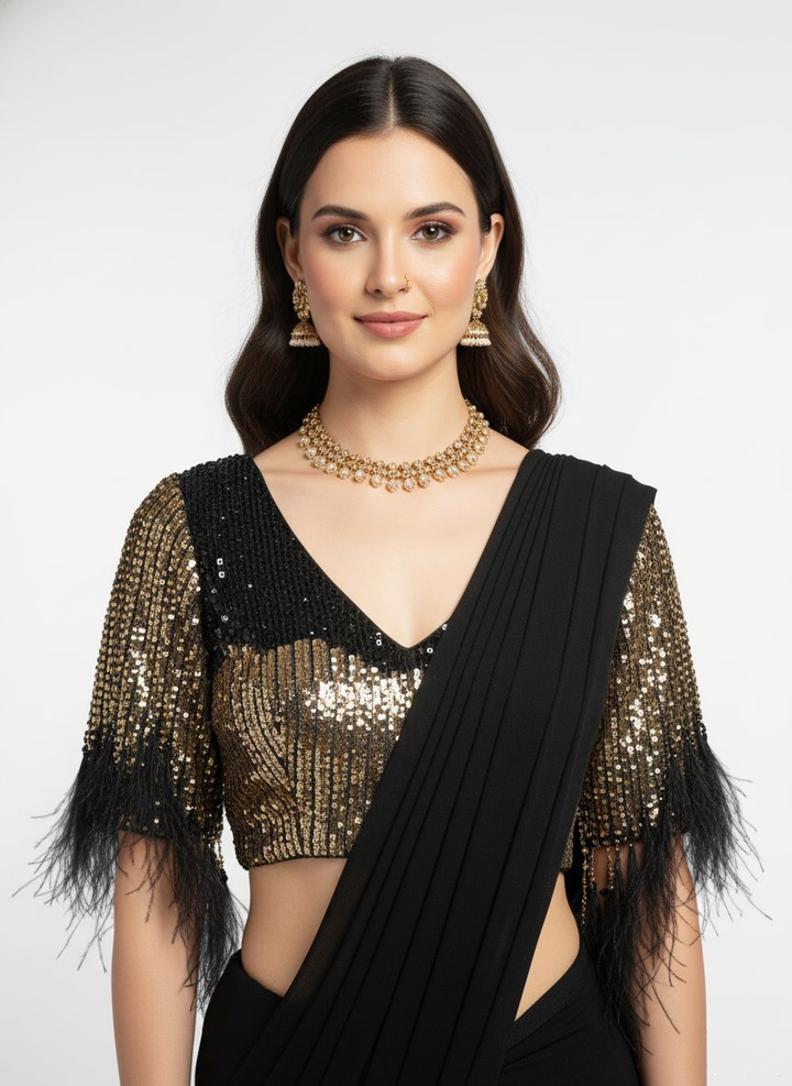Premium Ready to Wear Black Pre-Stitched Saree with Gold Sequin Feather Sleeve Blouse