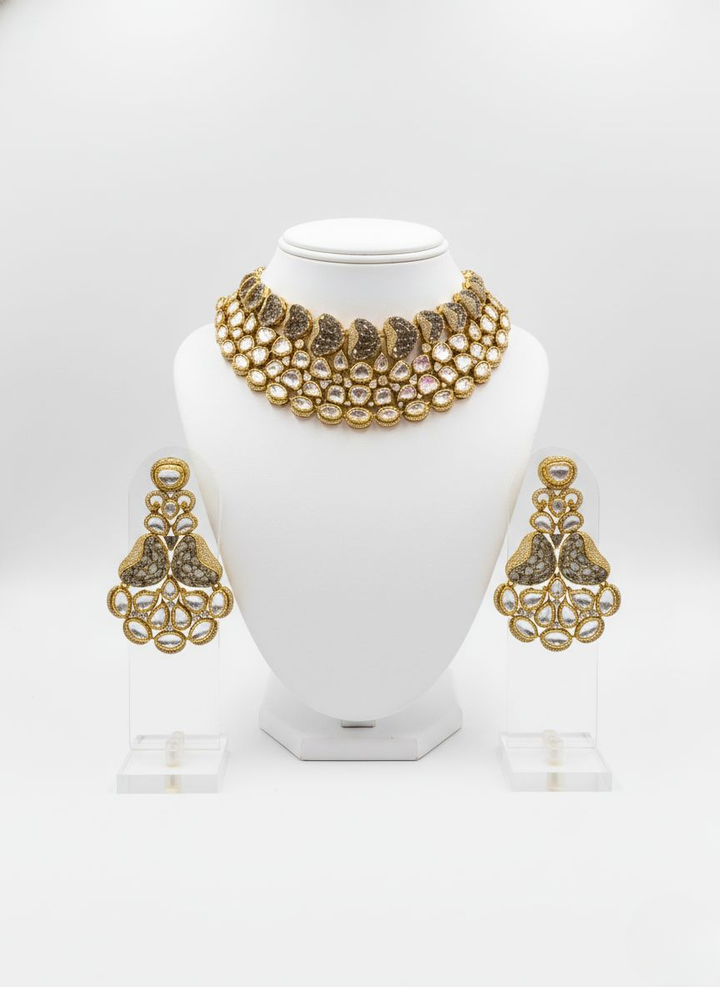 Grand Gold Polki Choker Necklace Set with Antique Finish & Statement Earrings