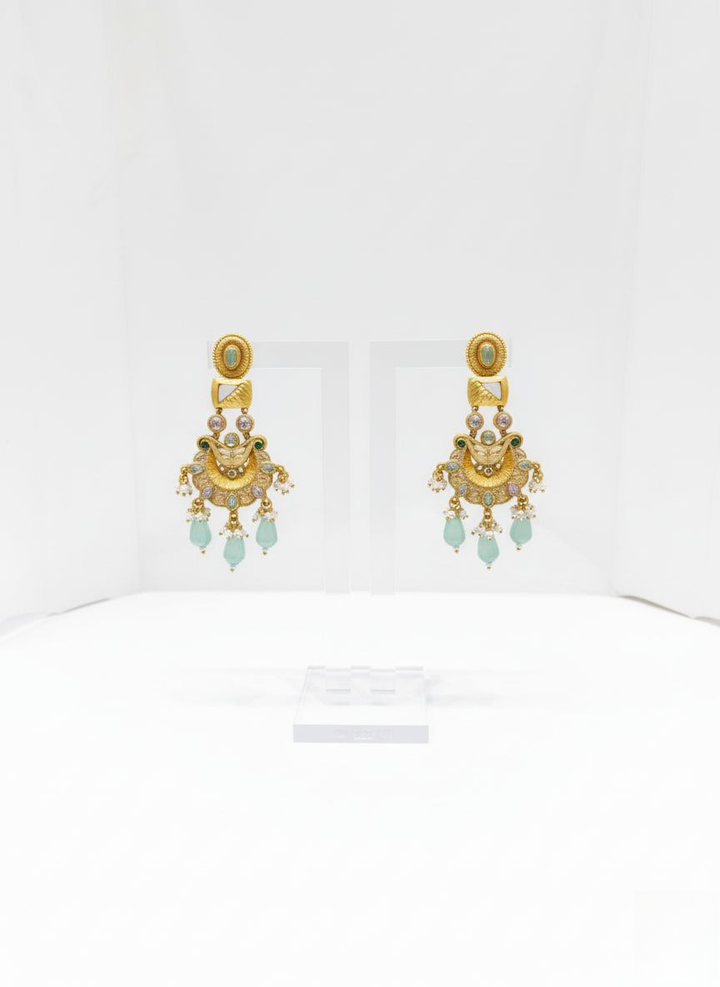 Antique Gold Necklace Set with Mint Green Stones & Kundan Detailing