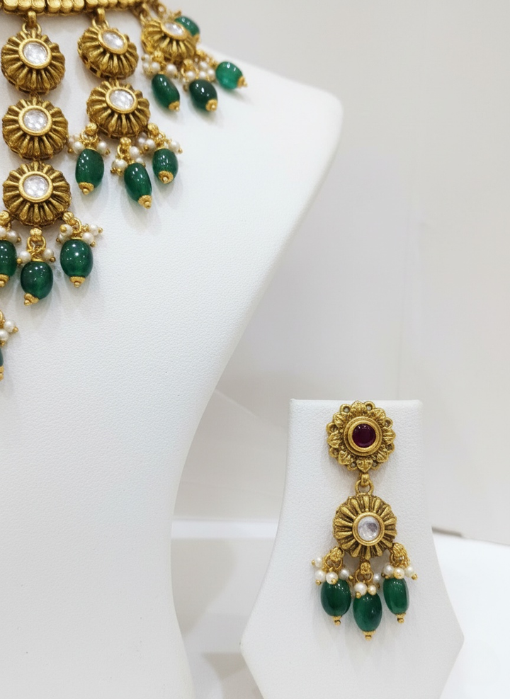 Antique Gold Temple Choker Set with Green Beads & Kundan Detailing