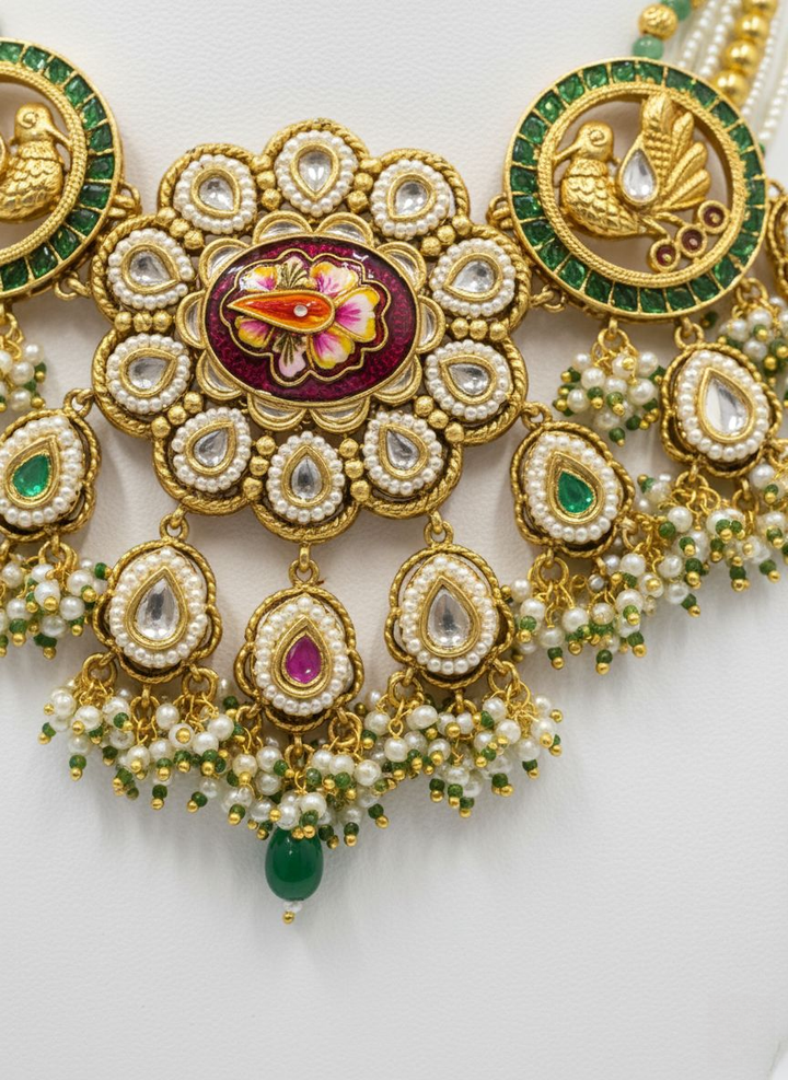 Royal Peacock Kundan & Meenakari Necklace Set with Emerald Accents