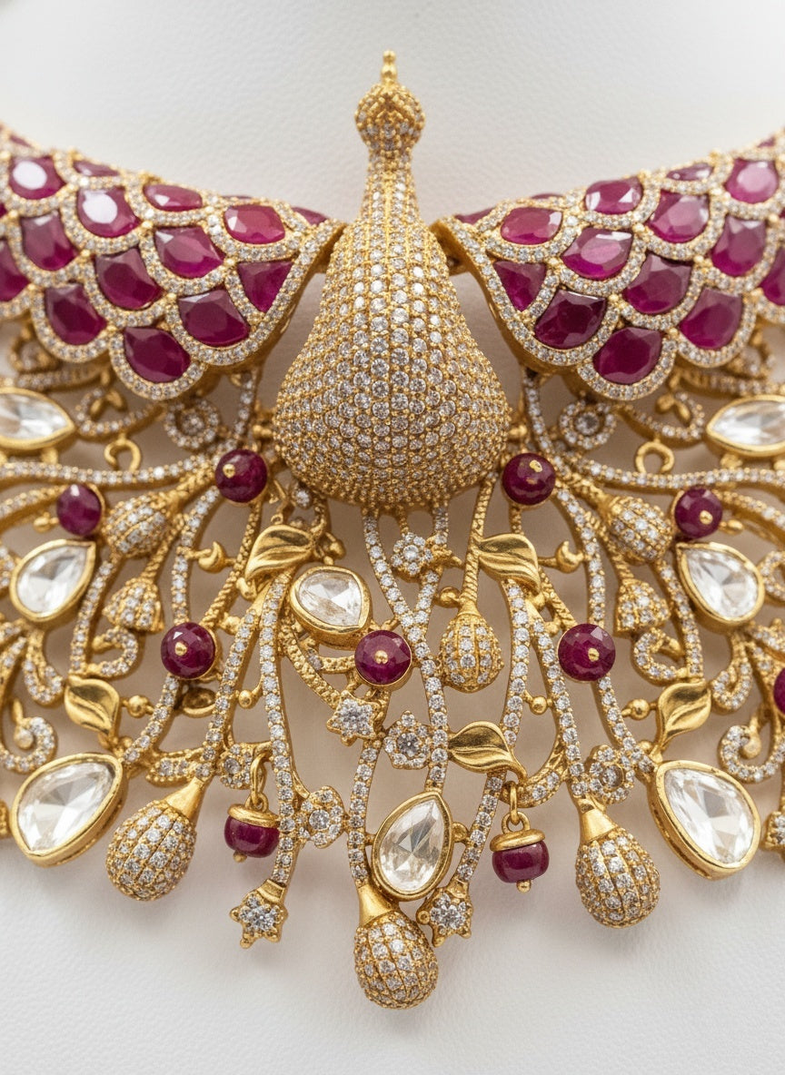 Gold & Ruby Peacock Design Kundan Necklace Set with Matching Statement Earrings