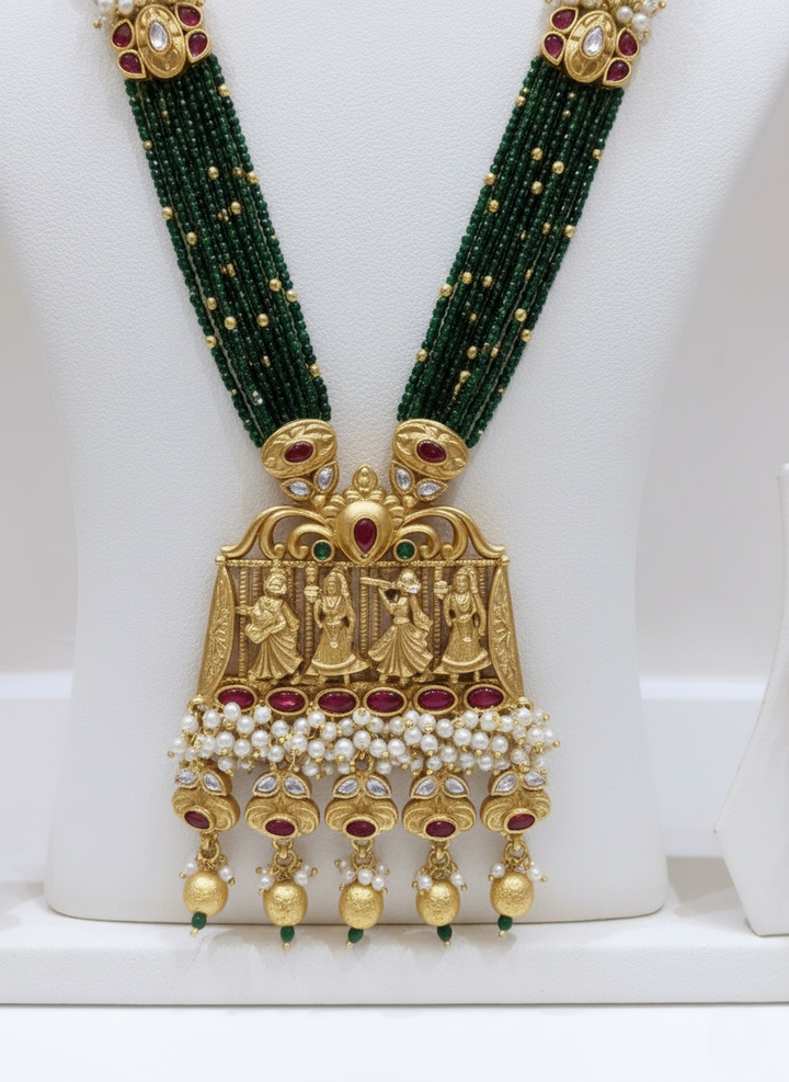Temple Heritage Long Haar with Green Beads and Pearl Jhumkas