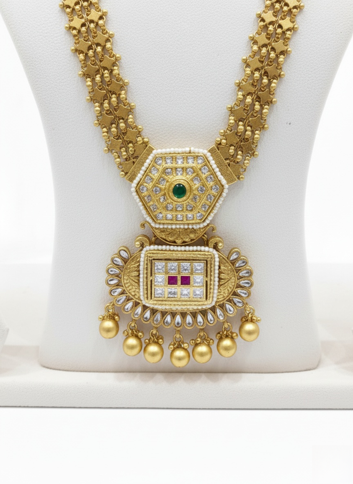 Regal Antique Gold Plated Temple Necklace Set with Kundan & Ruby Accents