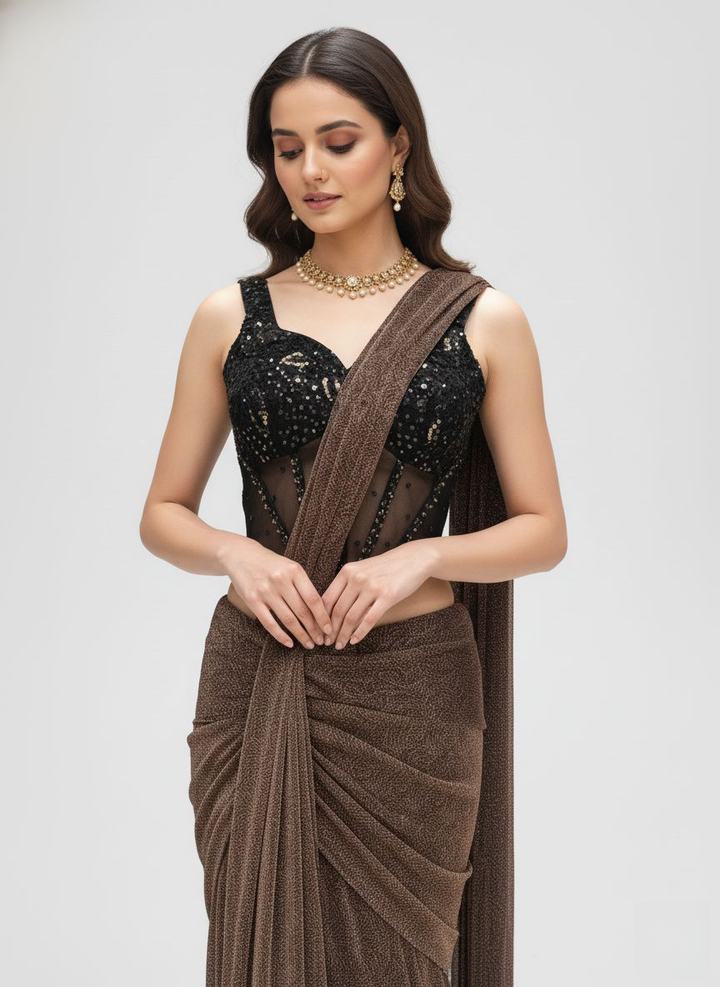 Ready to Wear Coffee Brown Shimmer Saree with Black Sequin Corset Blouse