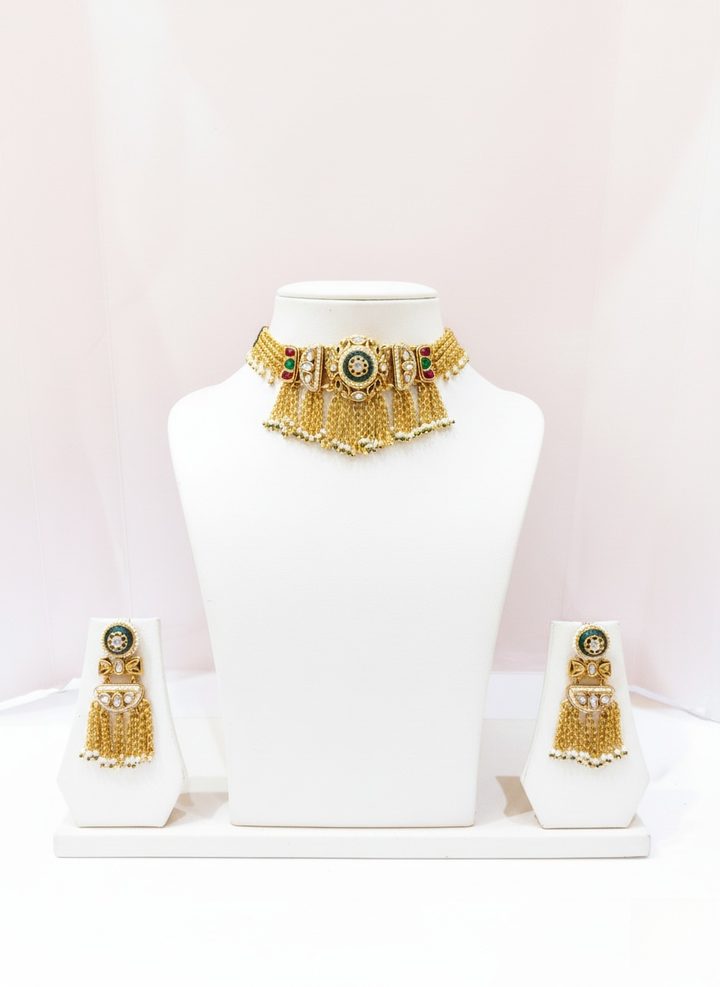 Royal Kundan Choker Necklace Set with Green & Red Stone Detailing
