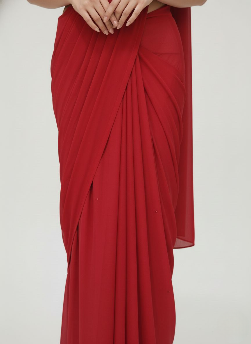 Elegant Red Ready-to-Wear Saree with Mirror-Work One-Shoulder Blouse – Party & Cocktail Wear