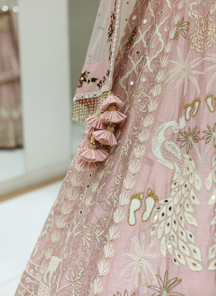 Blush Pink Hand-Embroidered Bridal Lehenga Set with Net Dupatta