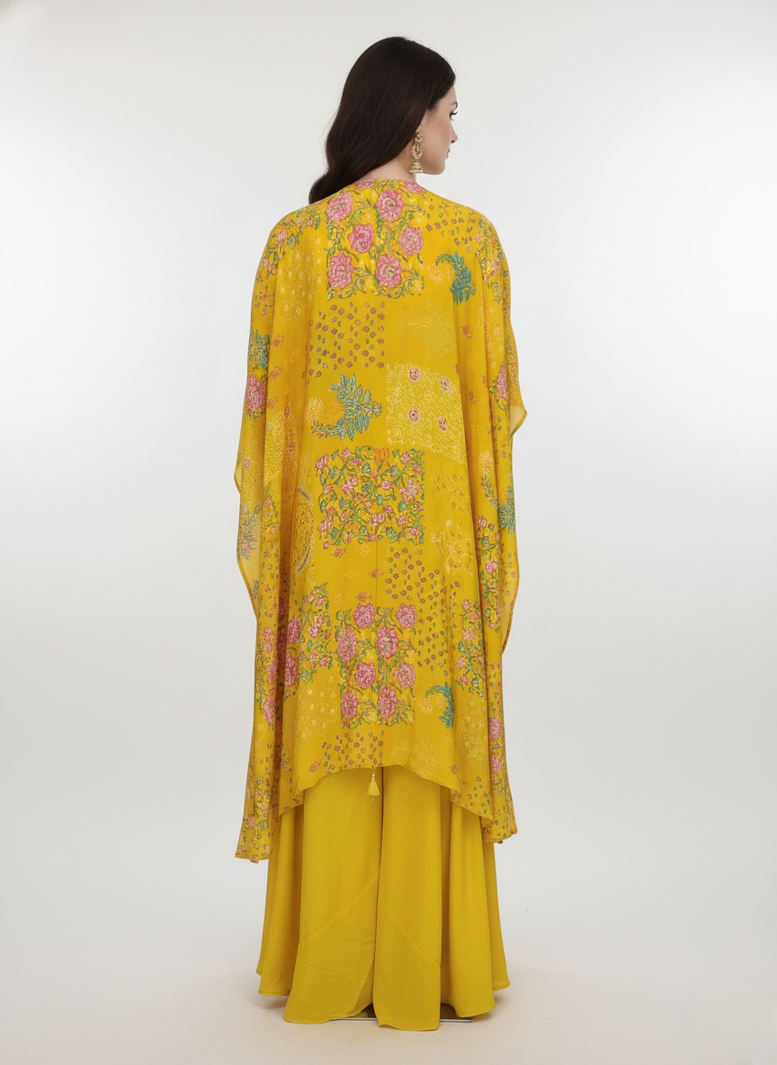 Mustard Floral Printed Crop Top, Palazzo Pants & Long Shrug Set
