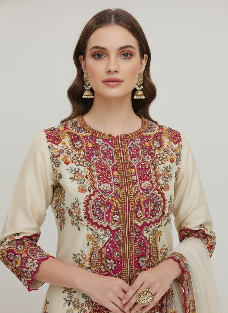 Ivory Embroidered Top with Pleated Lehenga & Dupatta Set