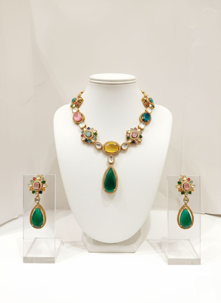 Emerald Green and Multicolor Kundan Necklace Set with Pear Drop Pendant