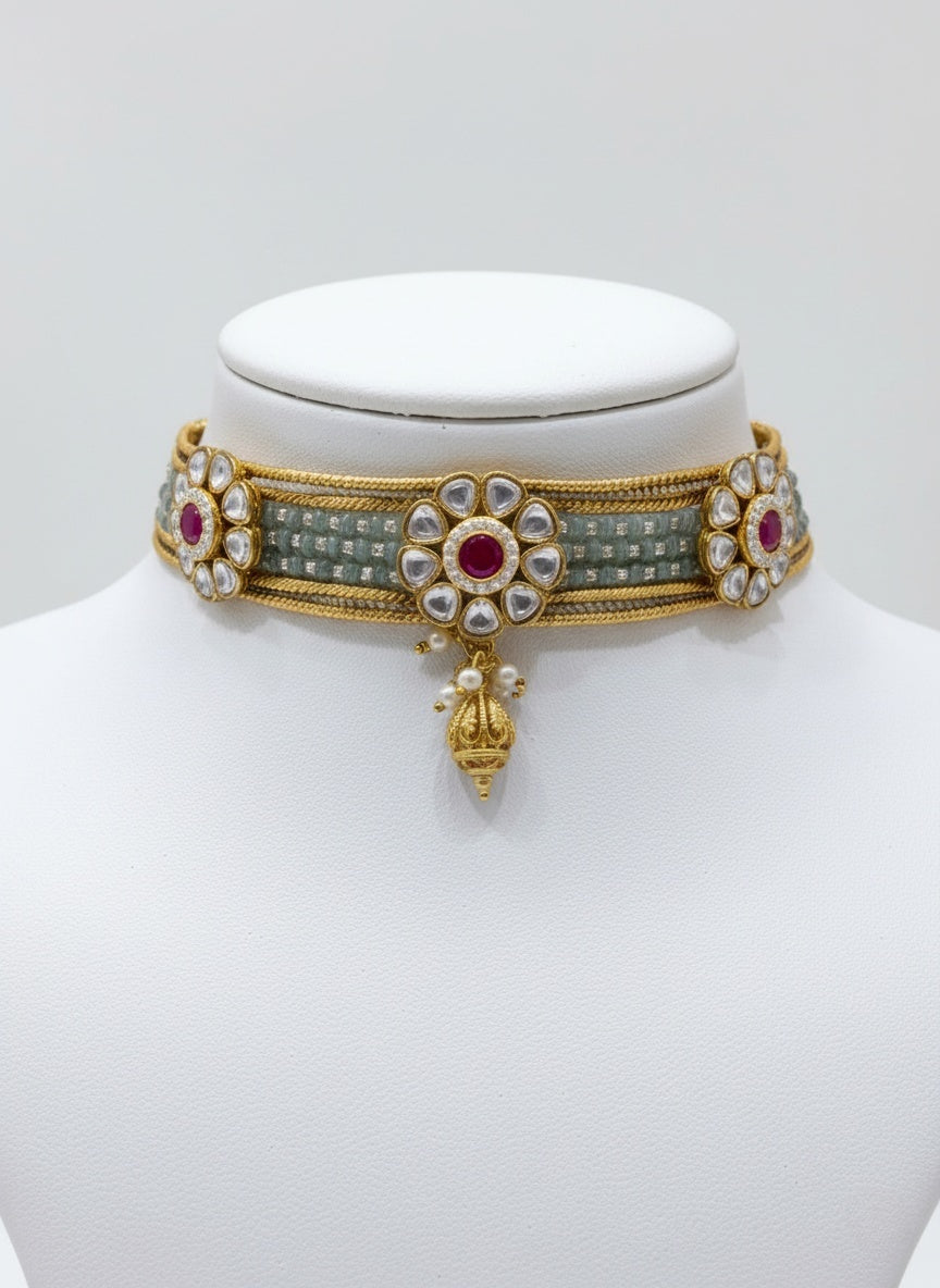Elegant Kundan Choker Necklace Set with Ruby Stones & Gold Jhumkas