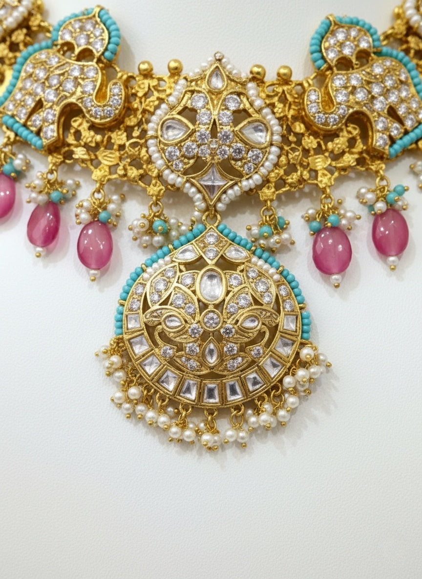 Royal Peacock Temple Necklace Set with Kundan Work & Pink Bead Drops