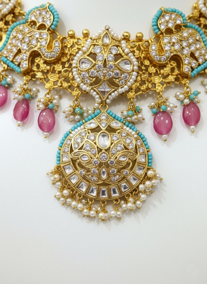 Royal Peacock Temple Necklace Set with Kundan Work & Pink Bead Drops