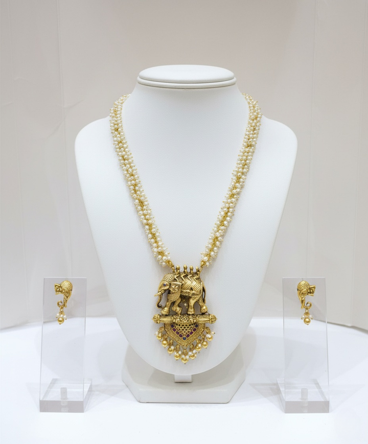 Elephant Motif Temple Necklace with Pearl Strands