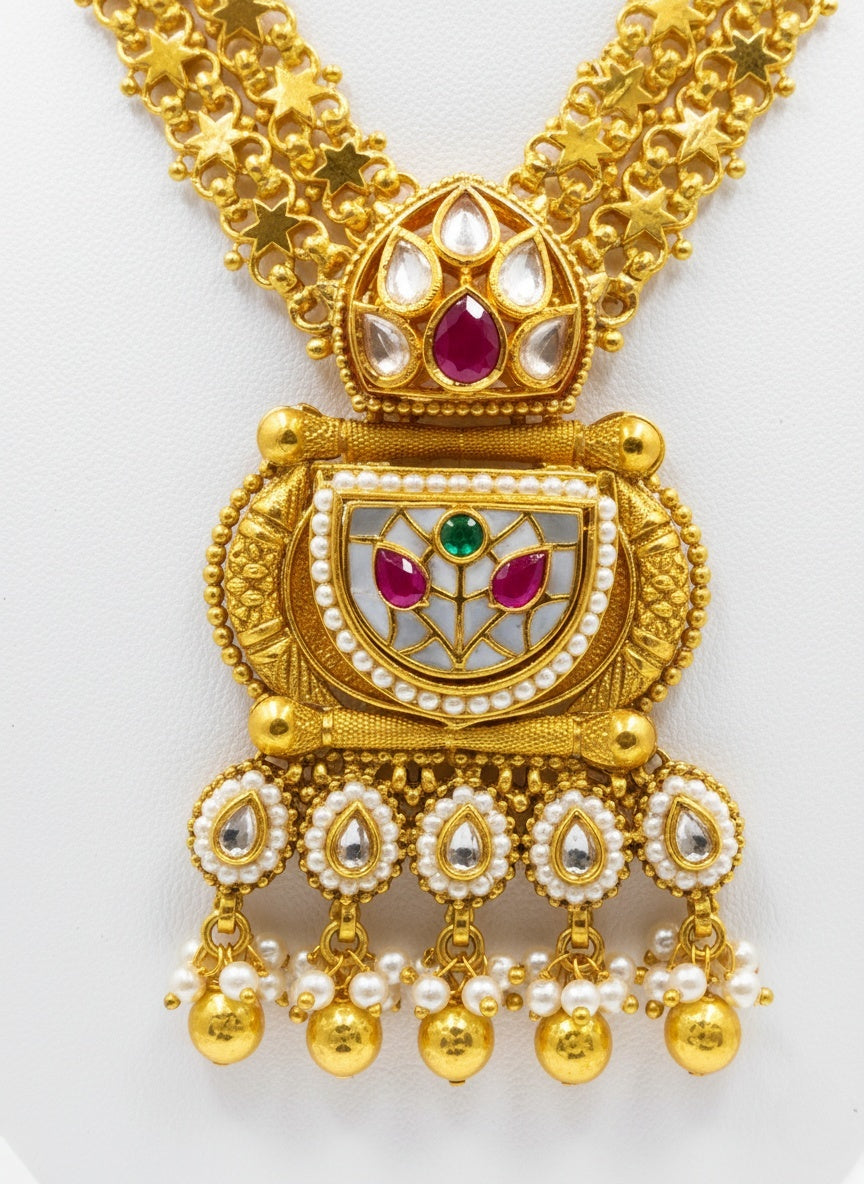 Temple-Inspired Gold Long Necklace Set with Kundan & Meenakari Detailing