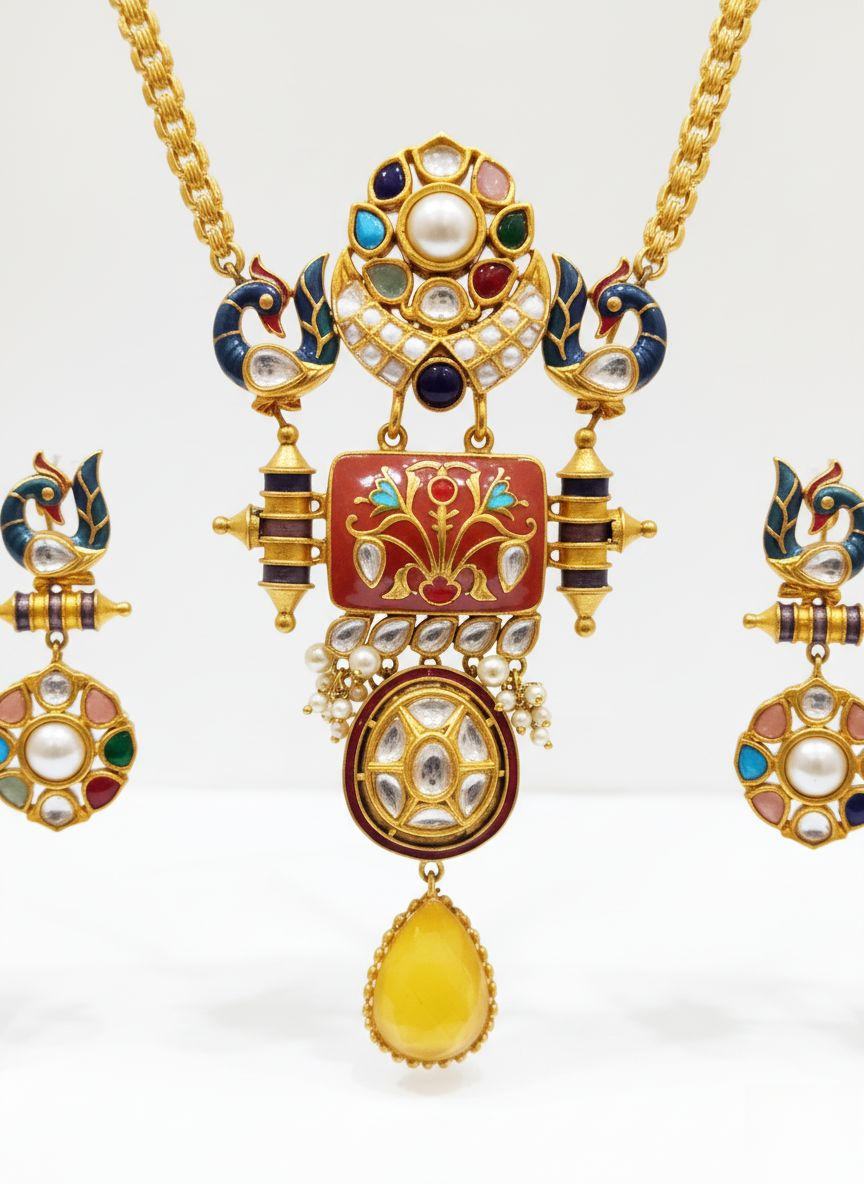 Heritage Meenakari and Kundan Long Necklace Set with Peacock Motif & Yellow Stone Drop