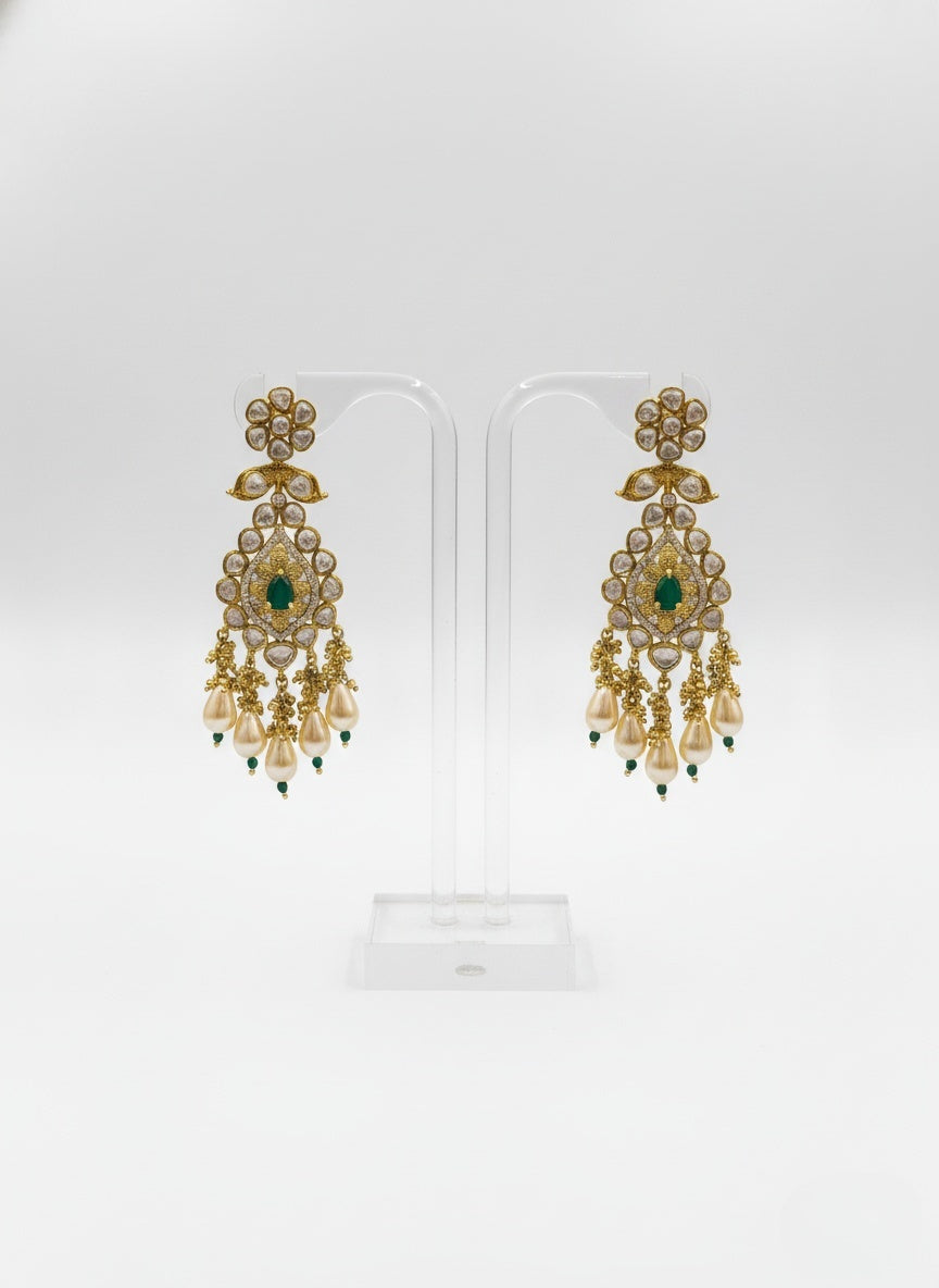 Gold & Emerald Kundan Bridal Necklace Set with Pearl Drop Earrings