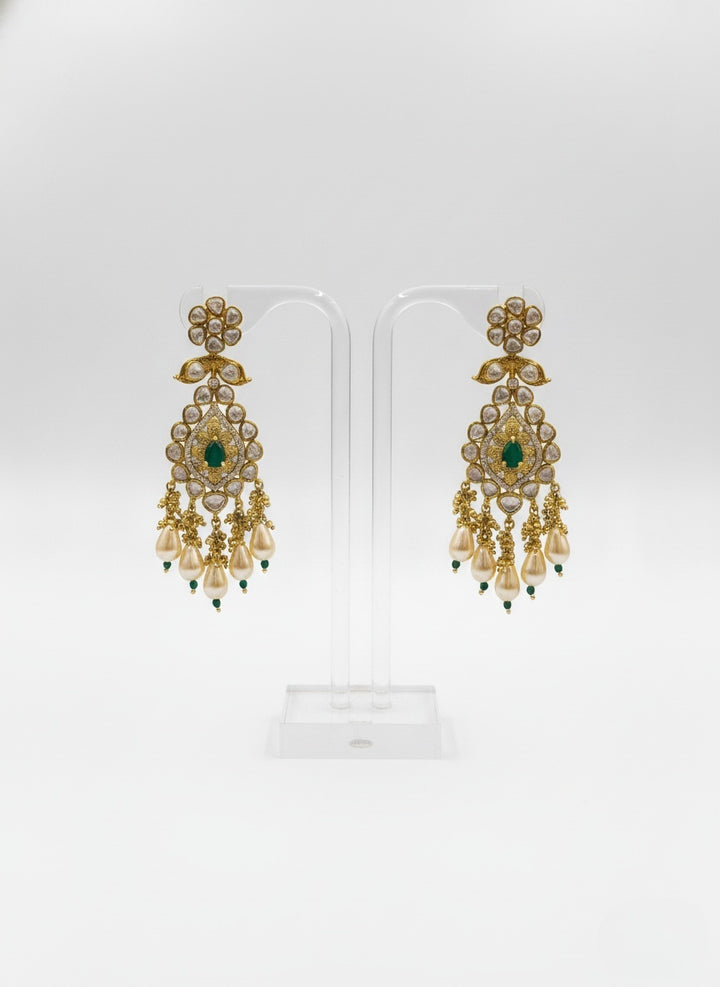 Gold & Emerald Kundan Bridal Necklace Set with Pearl Drop Earrings