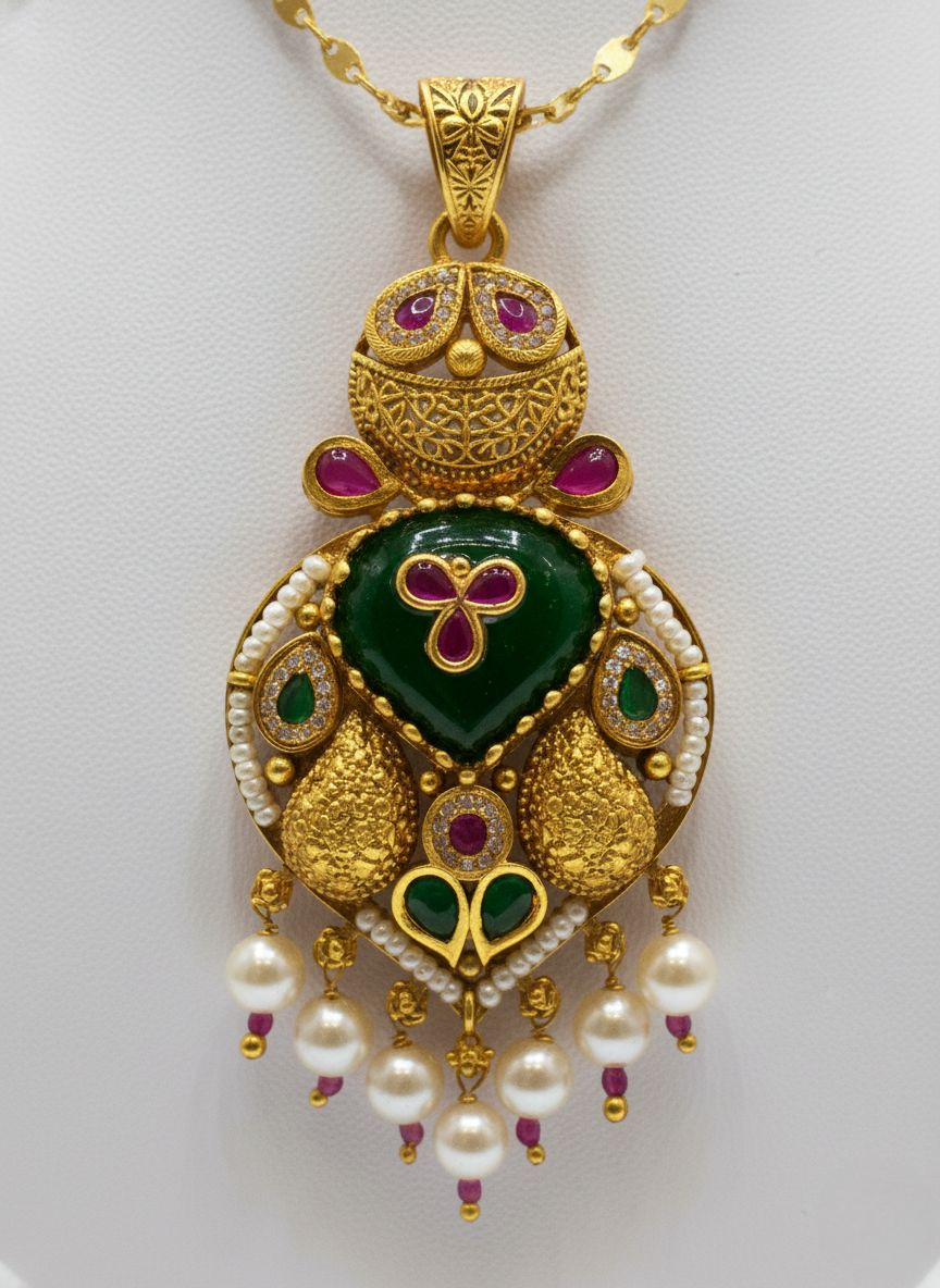 Traditional Gold-Plated Temple Necklace Set with Kundan, Ruby–Green Enamel