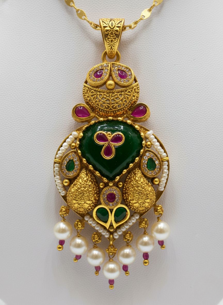 Traditional Gold-Plated Temple Necklace Set with Kundan, Ruby–Green Enamel