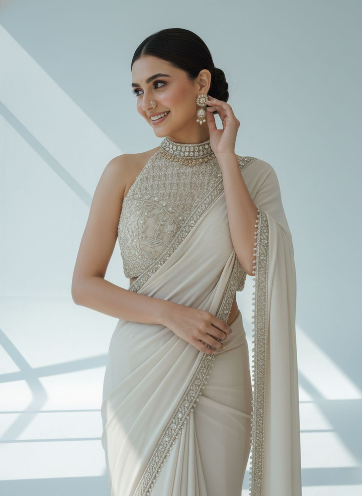 Elegant Ivory Ready-to-Wear Saree with Heavy Hand-Embellished High-Neck Blouse