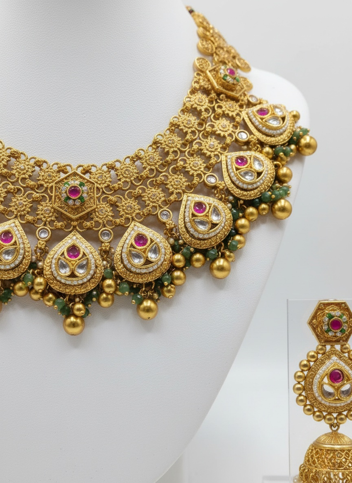 Temple-Inspired Kundan Bridal Necklace Set with Ruby & Emerald Stones