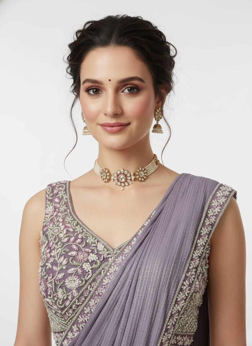 Lavender Embroidered Ready-to-Wear Saree with Designer Sleeveless Blouse