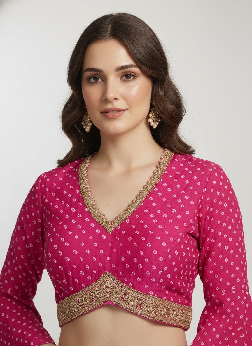 Fuchsia Pink Polka Dot Blouse with Ivory Draped Palazzo Skirt