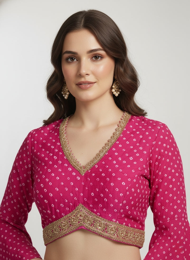 Fuchsia Pink Polka Dot Blouse with Ivory Draped Palazzo Skirt