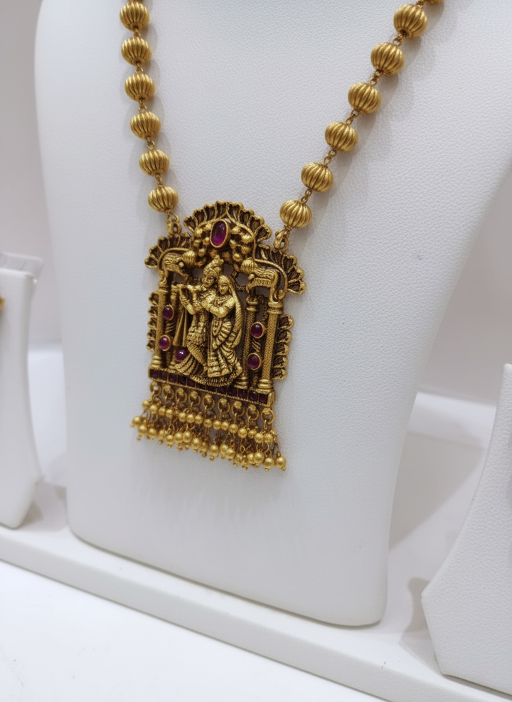 Temple Necklace Set with Radha-Krishna Pendant & Matching Earrings