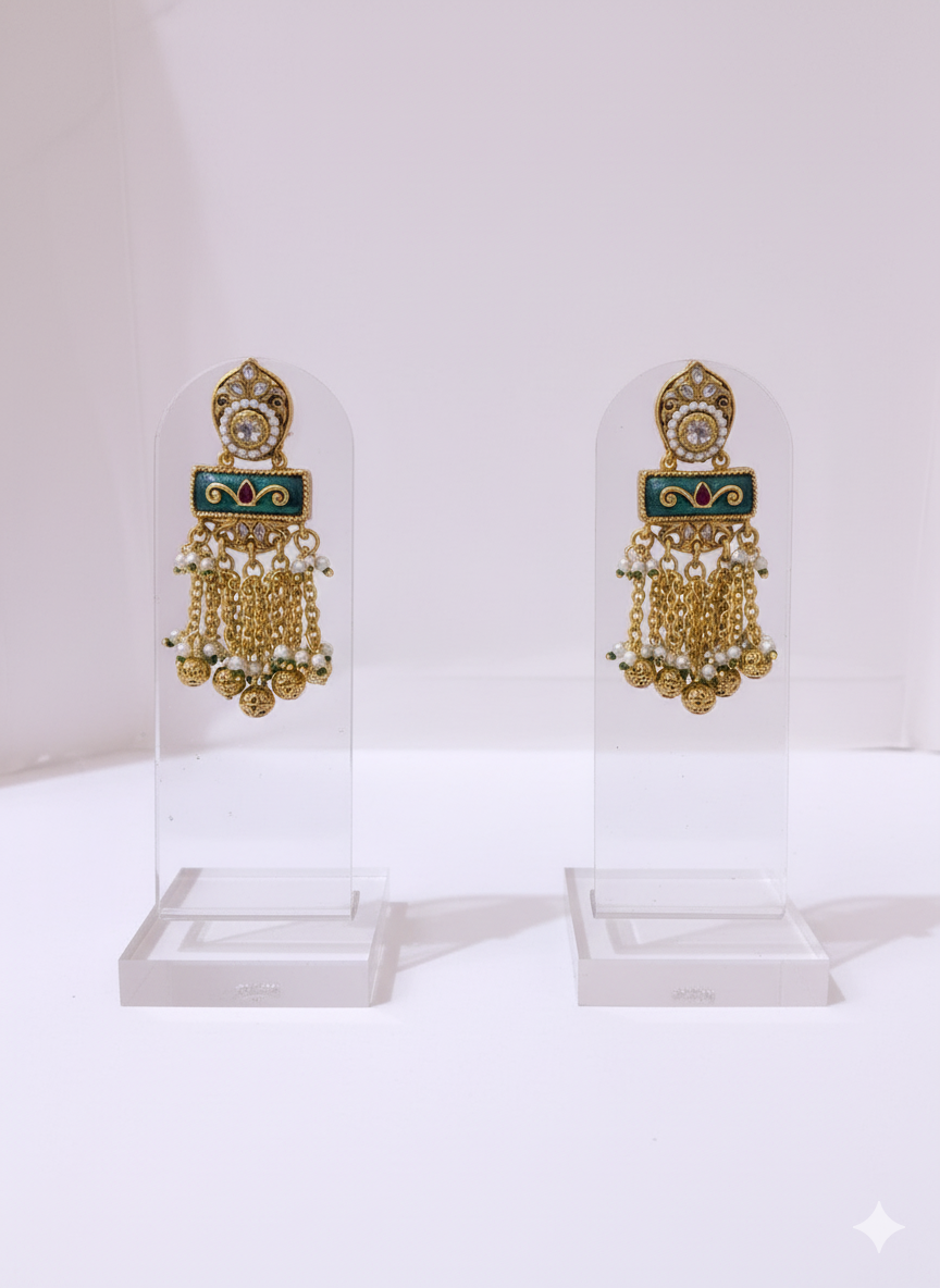 Antique Gold Temple Bridal Necklace Set with Kundan & Emerald Enamel