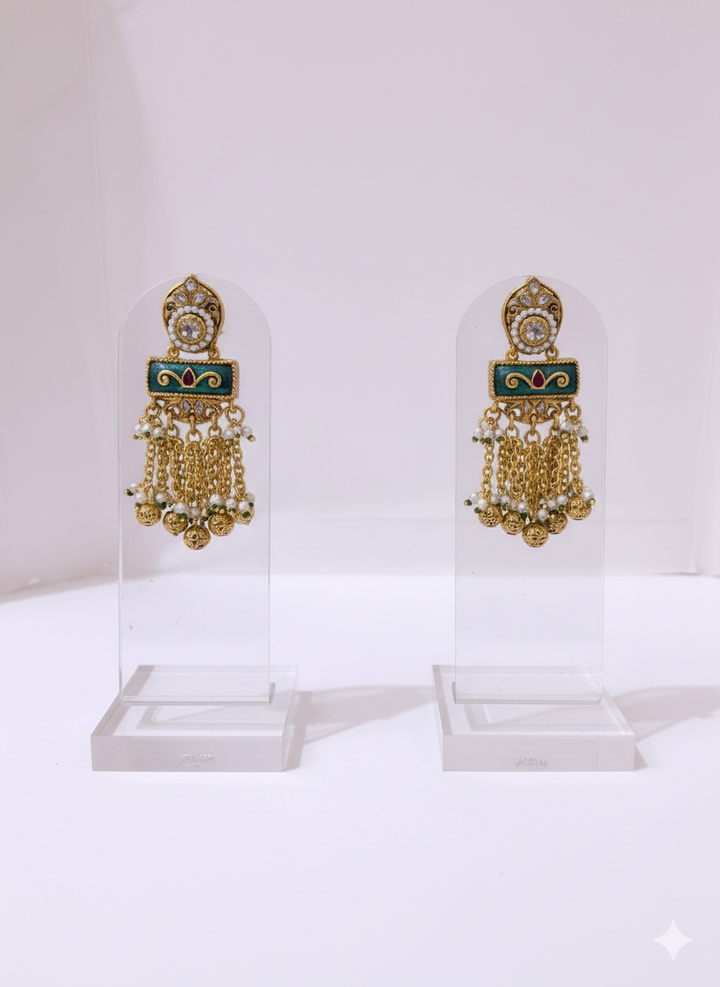 Antique Gold Temple Bridal Necklace Set with Kundan & Emerald Enamel