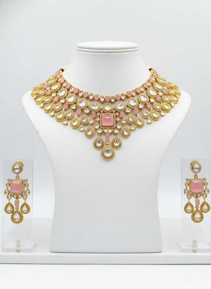 Blush Pink & Gold Kundan Bridal Necklace Set with Statement Earrings