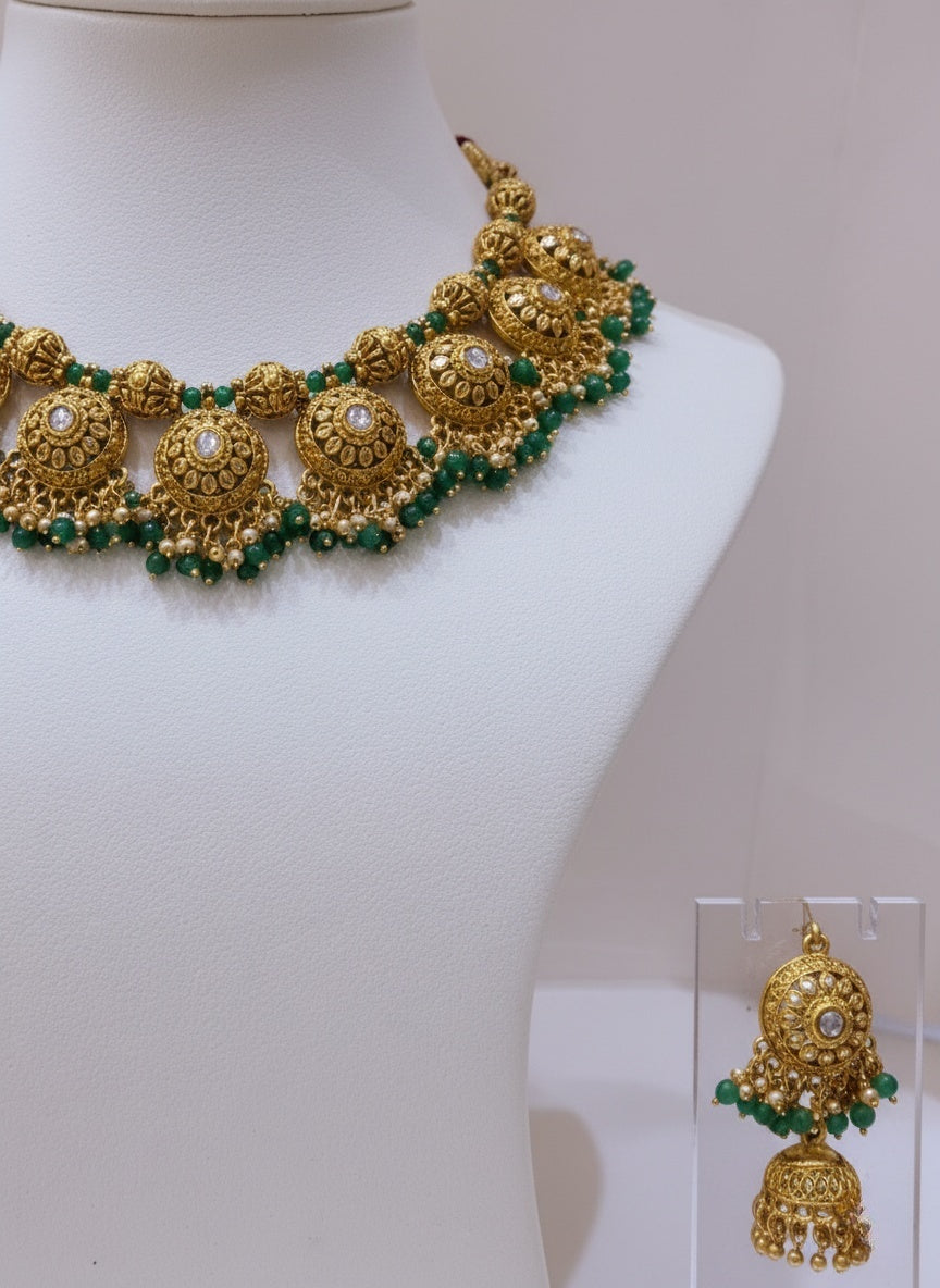 Antique Temple Necklace Set with Green Bead Detailing & Jhumka Earrings