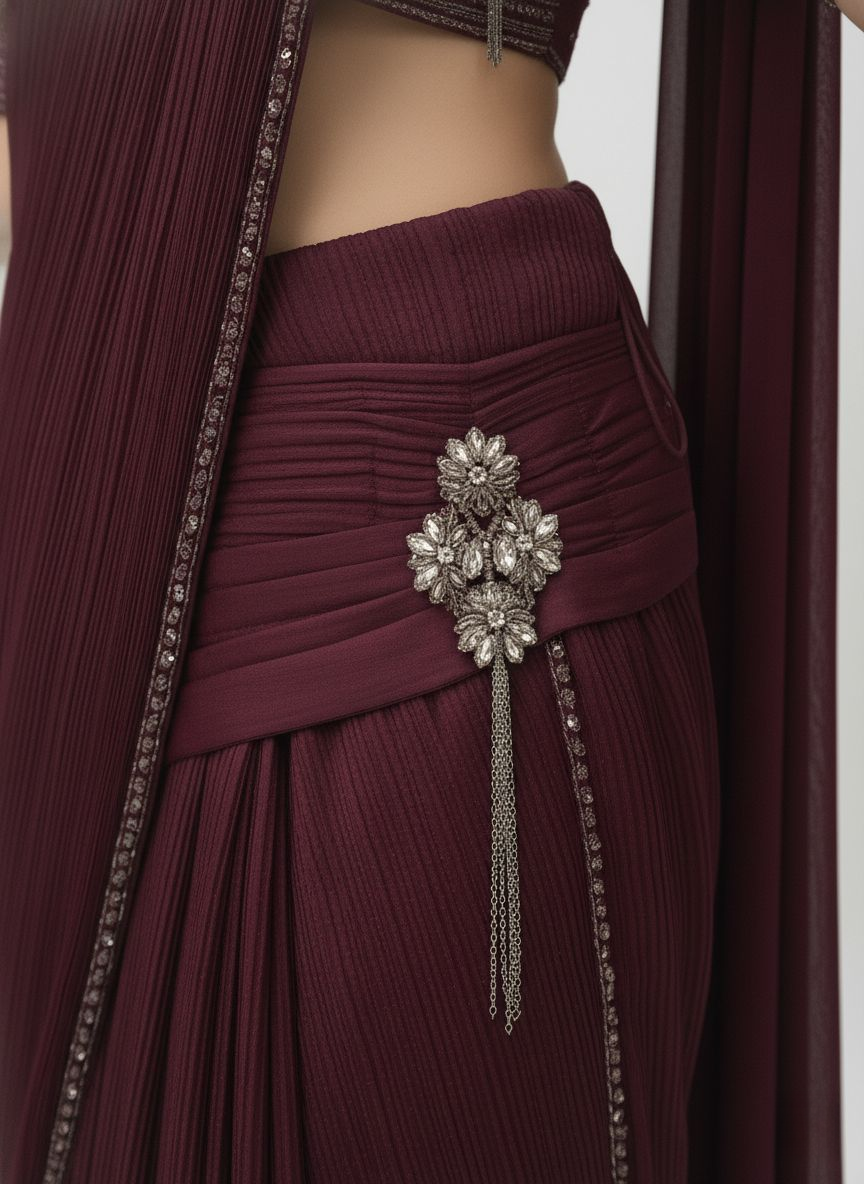 Wine Ready-to-Wear Pre-Draped Saree with Hand-Embroidered Blouse