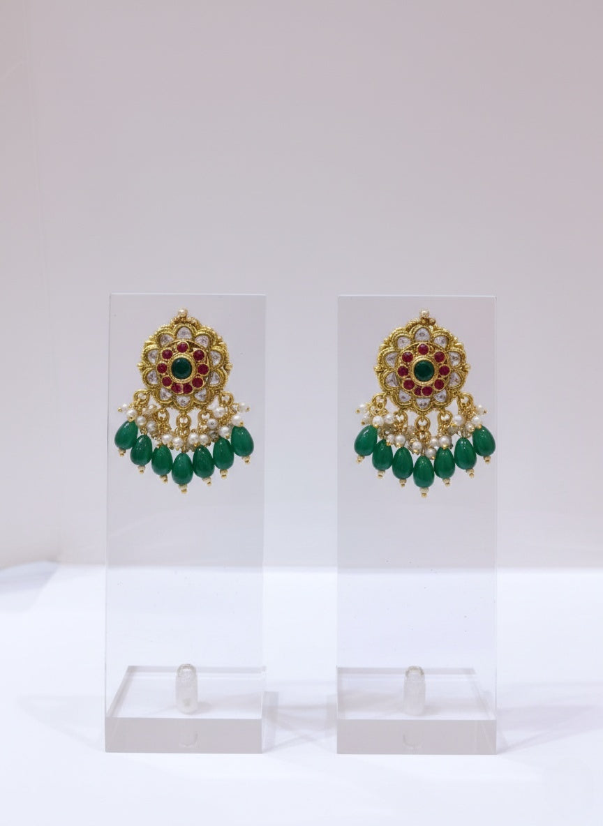Regal Kundan & Pearl Bridal Necklace Set with Green Bead Drops – Necklace & Earrings